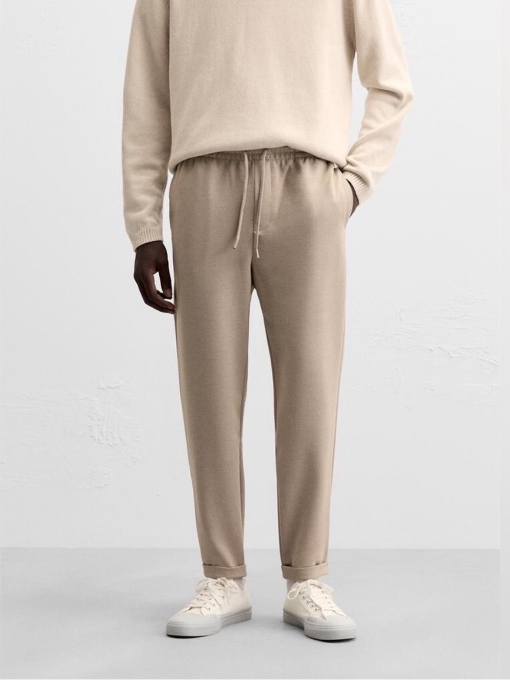 Zara Men’s Neutral Taupe Comfort Knit Jogger Trousers Tan Drawstring Waist Pants